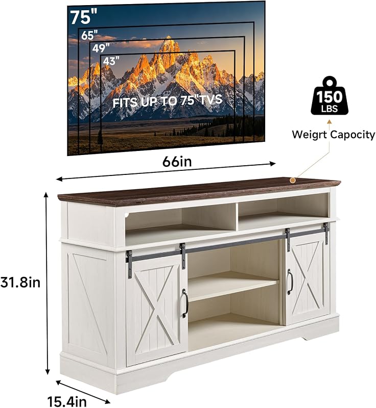 ROCKPOINT 66 Inch Farmhouse Entertainment Center,TV Stand with Sliding Barn Doors & Storage Cabinet,Highboy Media Console Fits Up to 75 Inch TVs for Living Room,White image 2
