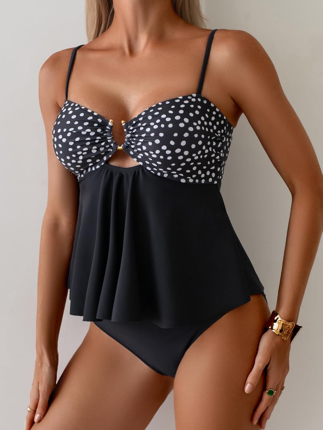 Women's Tankini Bathing Suit Two Piece Tummy Control Swimsuit Ring Linked Flowy Swim Dress with High Waisted Bottom - Image 4