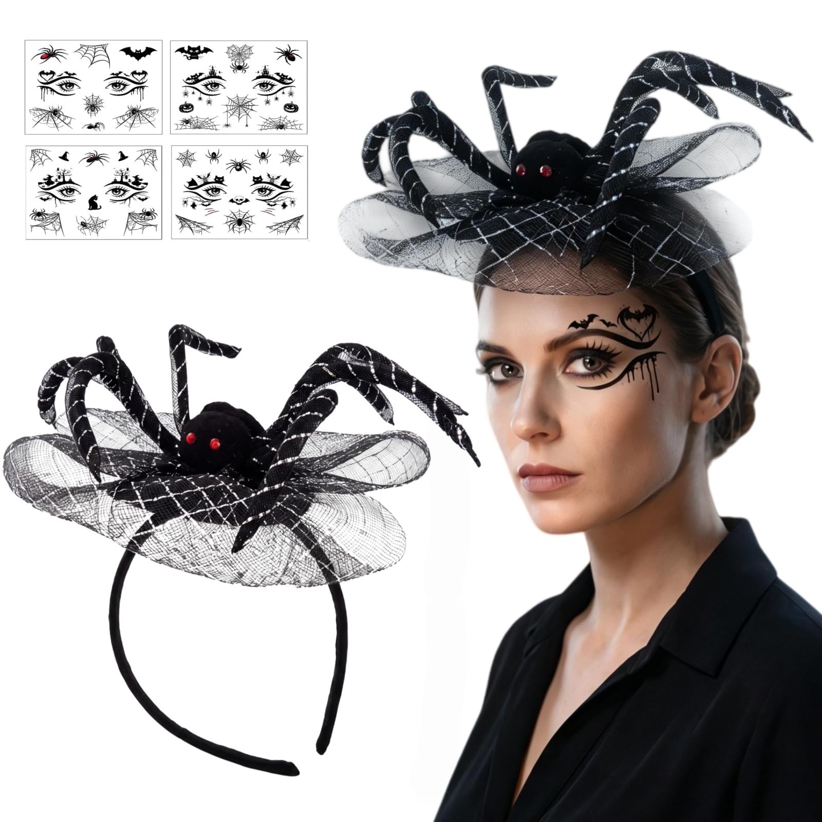 TESMIO Spider Headband And Temporary Tattoos Halloween Hair Band Spider Headdress For Party Costume Masquerade Cosplay