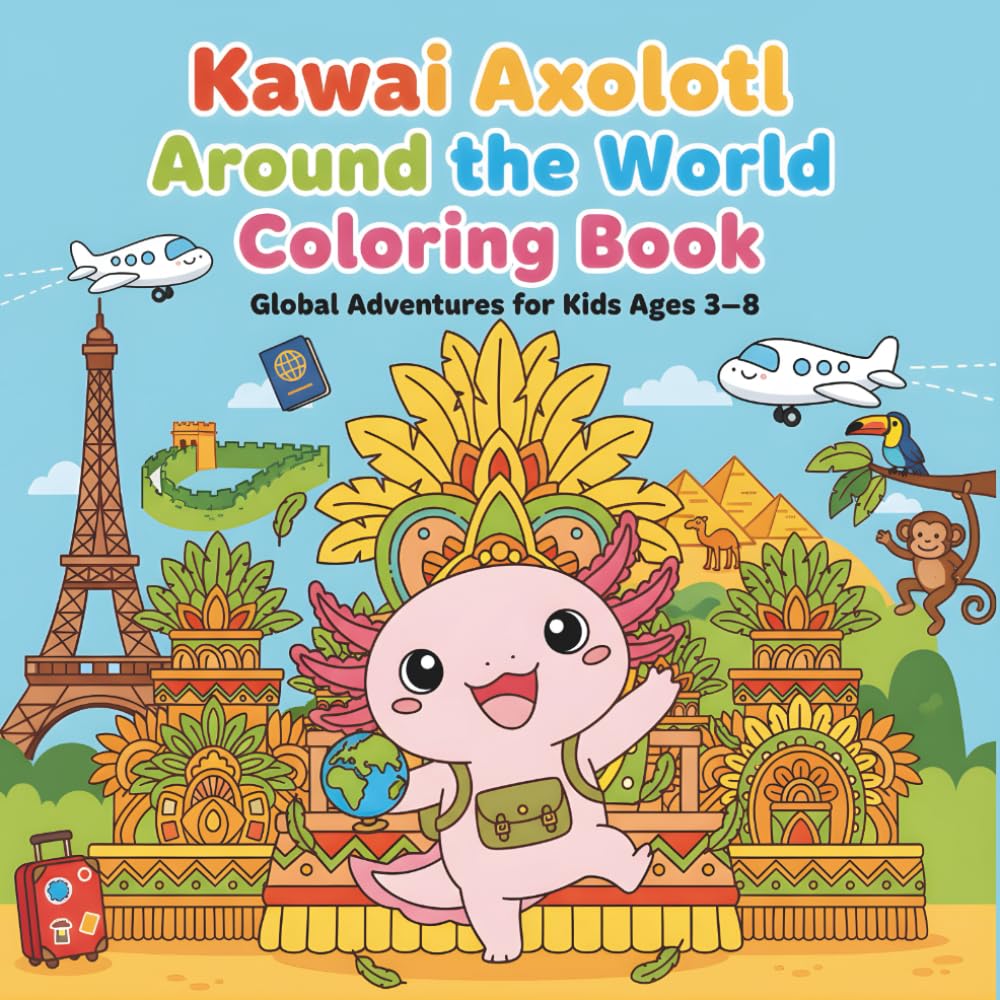 Kawaii Axolotl Around the World Coloring Book: Global Adventures for Kids Ages 3-8