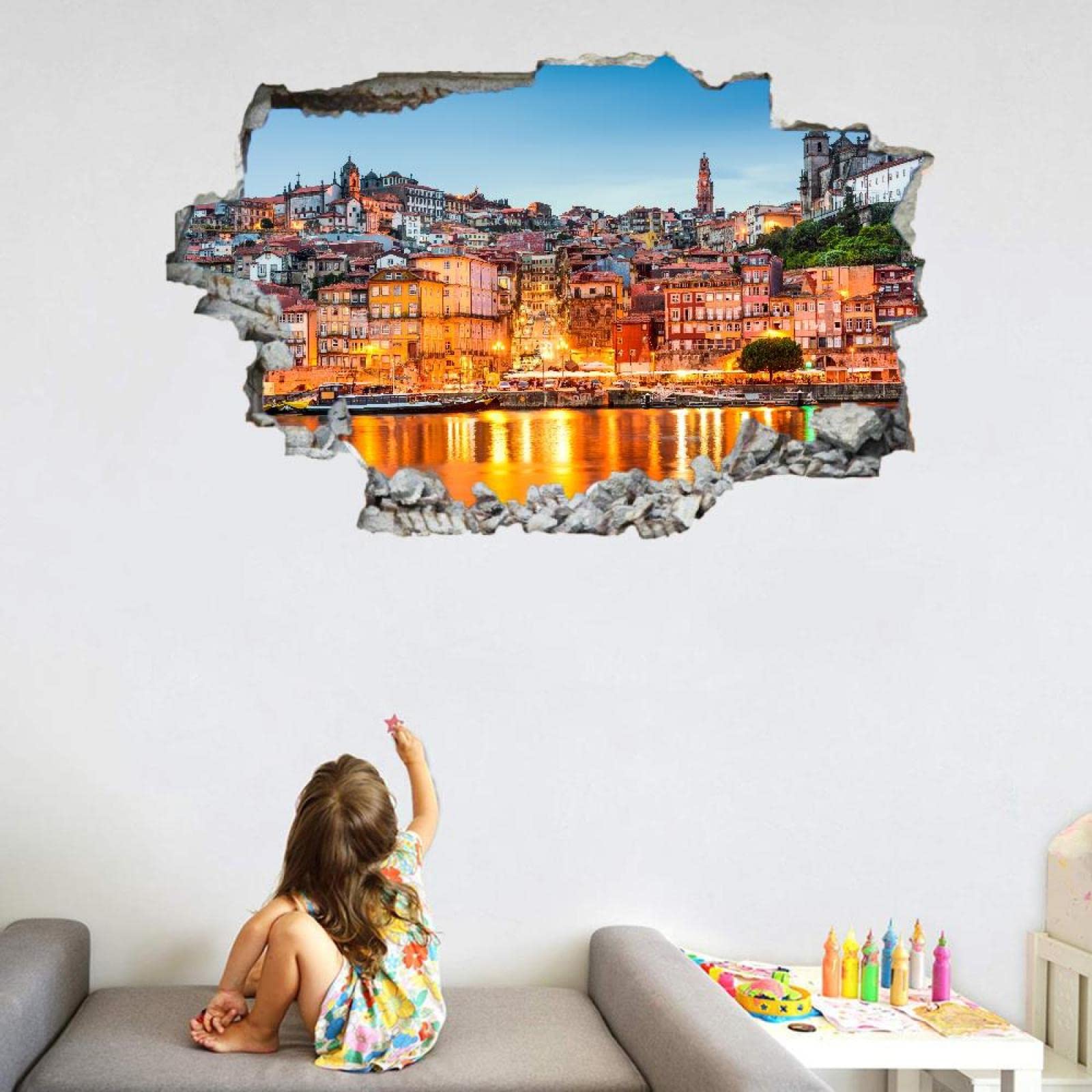 Architecture Décoration murale 3D,Paysage Amovible Wall Sticker Chambre Ville Côtière Autocollants muraux imperméables décalcomanie de trou de mur pour les filles enfants décor de mariage cadeau