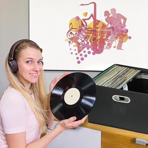 Miniatura 4 de Cajas de almacenamiento de discos de vinilo de 12 pulgadas con tapas y asas, elegante y práctico organizador de discos LP para más de 100 discos