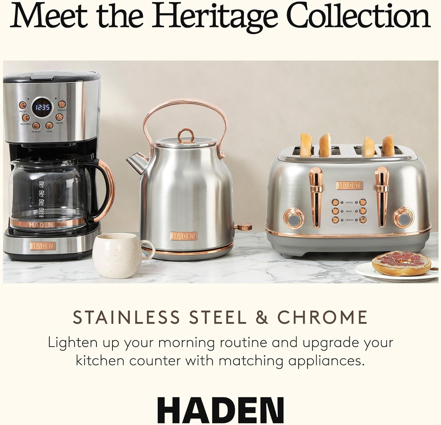 Haden Heritage 4 Slice Wide Slot Stainless Steel Toaster Bundled with 1.7 Liter Stainless Steel Electric Water Kettle, Steel & Copper
