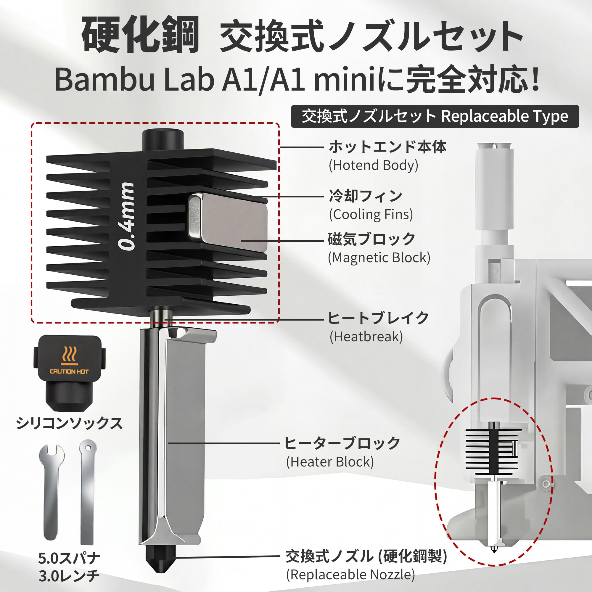 GOKEI Bambu Lab A1 A1 mini対応 硬化鋼 交換式ノズルセット 0.2/0.4