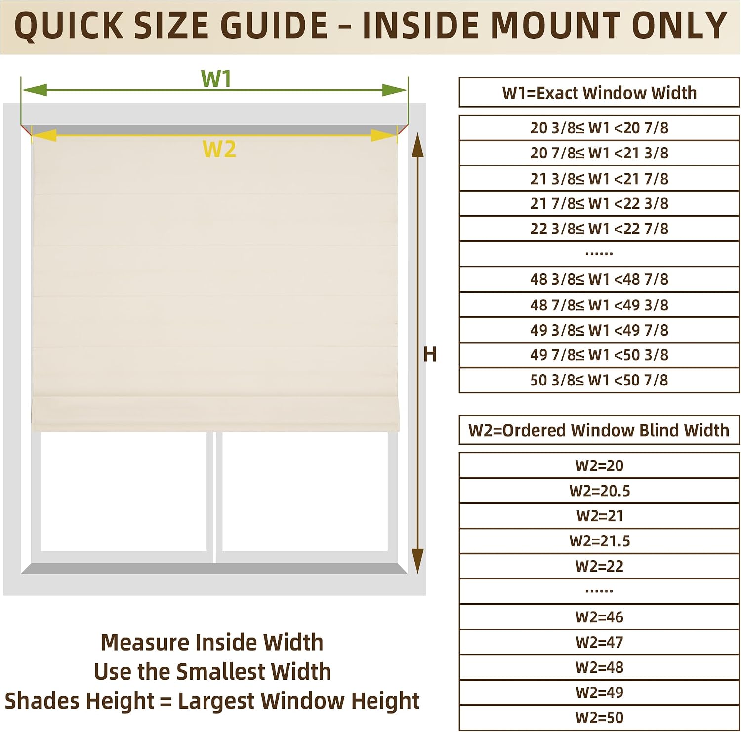 Hestia No Drill Cordless Roman Shades for Windows, Beige, 35" W x 64" H