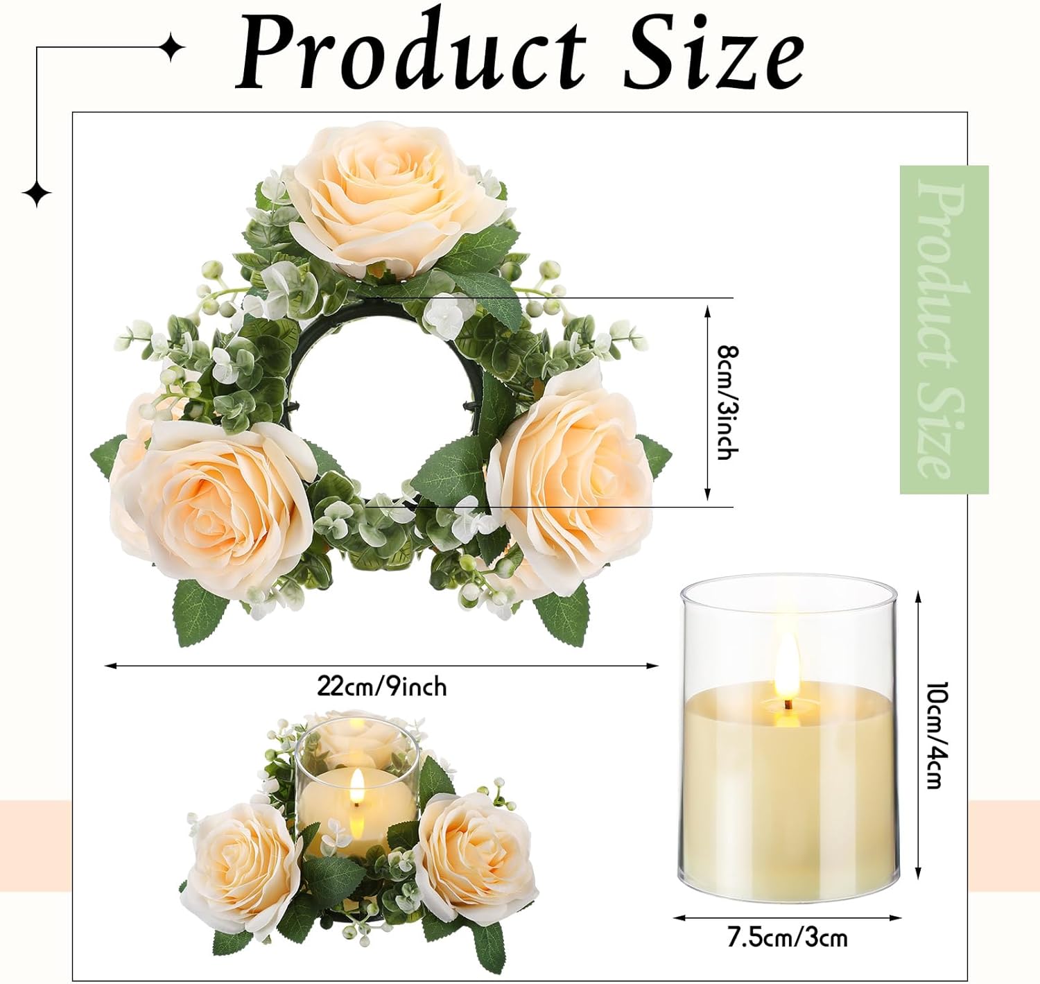 Yunlly 12 Pcs Rose Candle Rings with Flameless Candles Sets, Artificial Flower Eucalyptus Wedding Centerpiece 3 Inch Pillar Candleholders Wreaths for Wedding Party Mother's Day (Champagne)