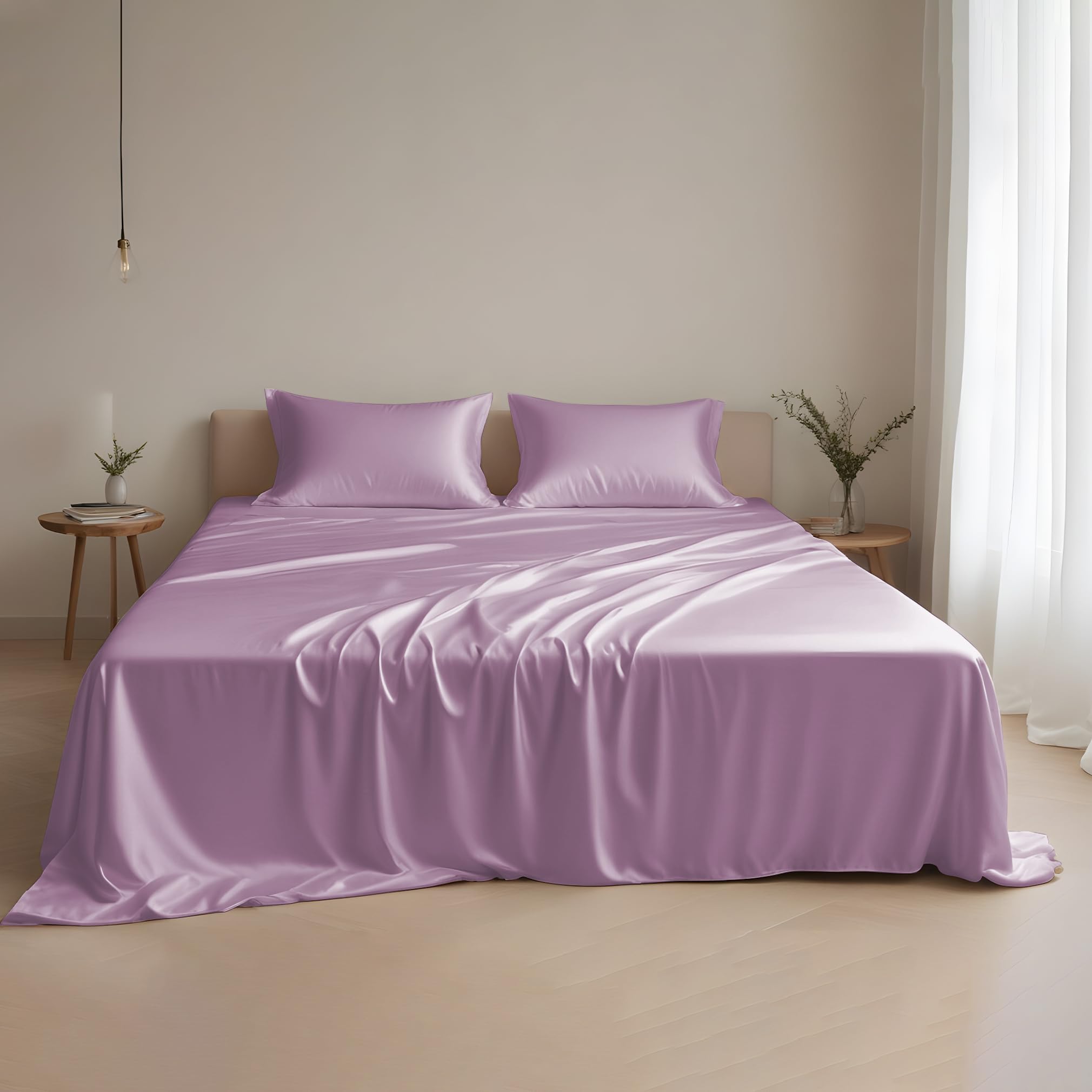 Linenwalas Eucalyptus Tencel Lyocell Sheets Set Full Size - Cooling Breathable Silk Soft, 1 Fitted 1 Flat and 2 Pillowcases (Full/Lilac)