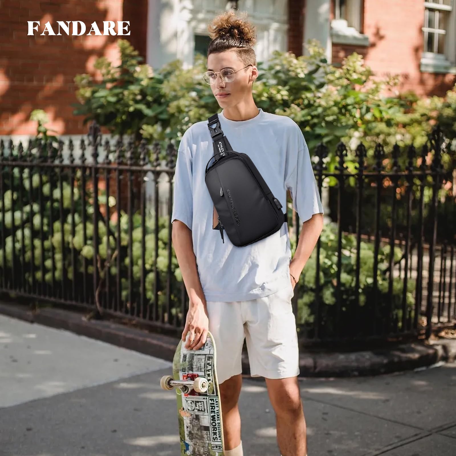 FANDARE Bandolera Hombre Bolsa Cruzada con Puerto de Carga USB Nailon Negro