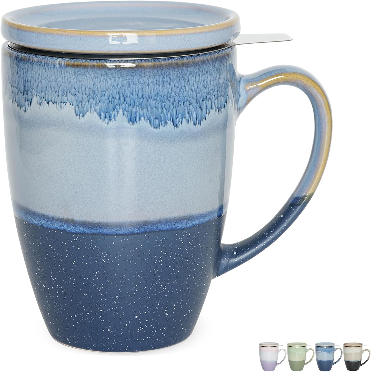Bosmarlin Ceramic Tea Cup with Infuser and Lid, 13.5 Oz, 4 Colors to Choose, Microwave and Dishwasher Safe, Steeping Tea Mug with Strainer, Reactive Glaze (Green)