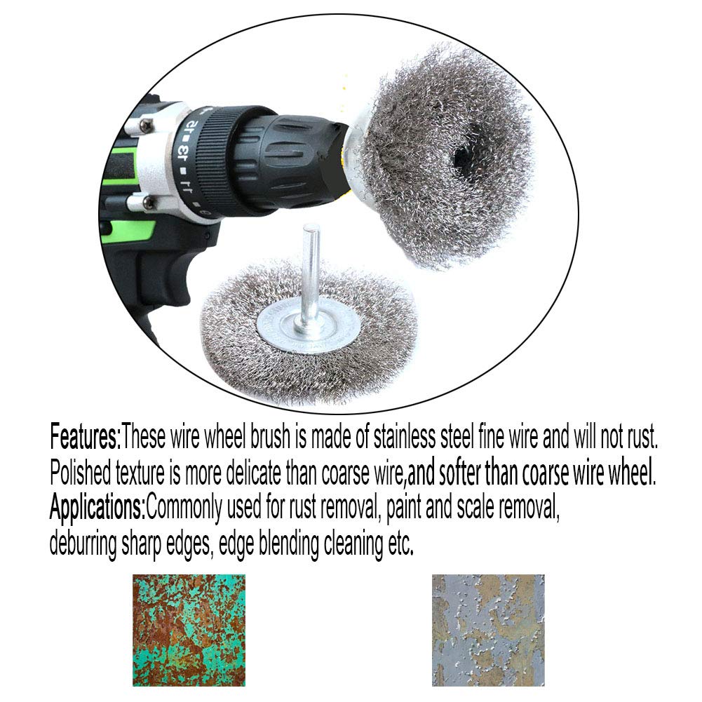 FPPO Stainless Steel Wire Wheel Brush & Crimped Cup Brush Kit for Drill,Fine Wire Diameter 0.0059 Inch,for Rotary Tool with 1/4-Inch Shank,Removal of Rust,deburring,Paint (7pcs)