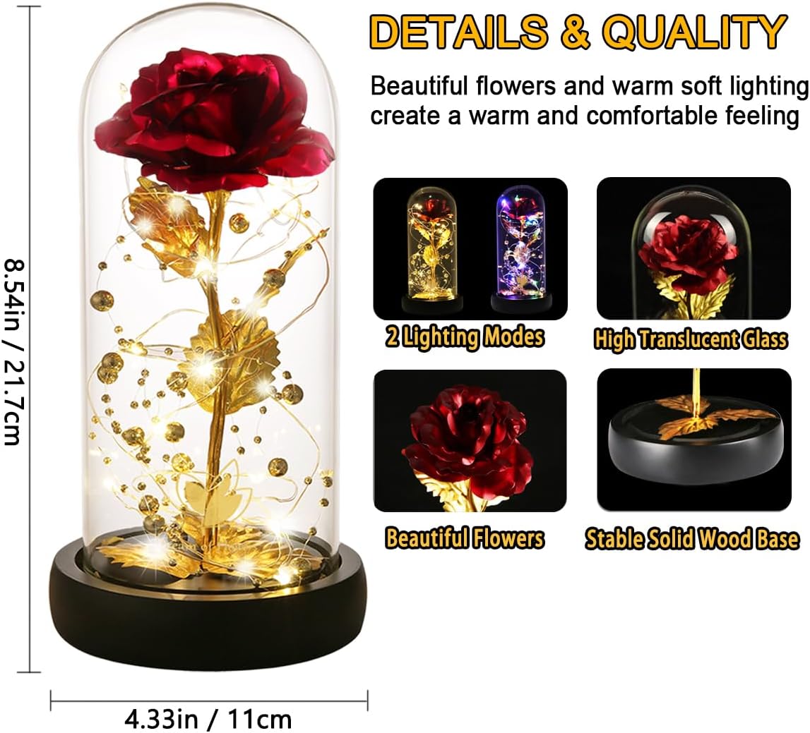 Valentines Rose Gifts for Her Birthday Gifts for Women Valentines Flower Galaxy Glass Rose with 2 Light Modes Forever Eternal Colorful Gold Foil Rose in Glass Dome,Anniversary Valentines Women Gifts - Image 6