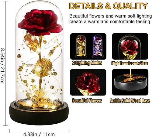 Miniatura 47 de Regalos de cumpleaños para mujer, rosa de la Bella y la Bestia en cúpula de cristal, rosa de seda con luces, regalo para mamá, regalos románticos