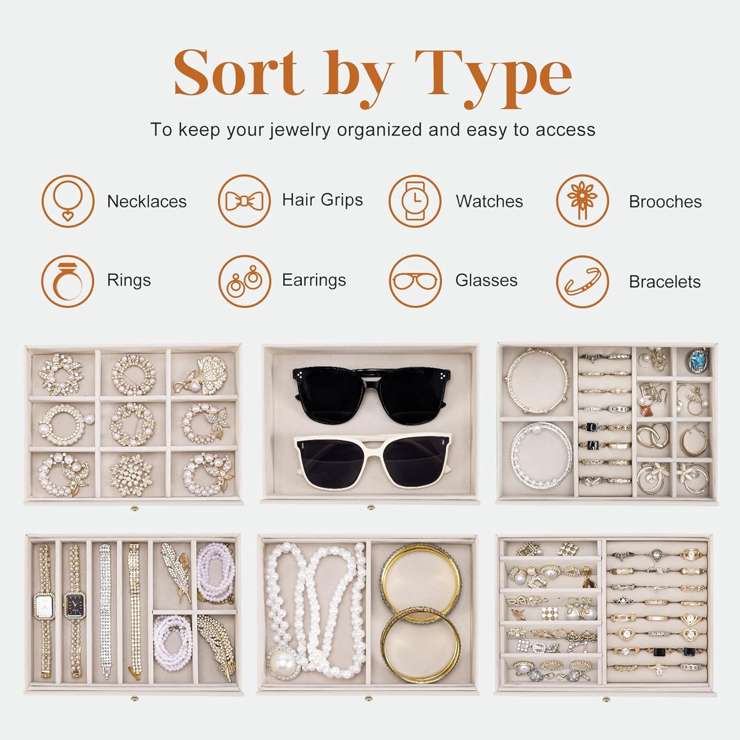 Dajasan Large Jewelry Organizer Box, Jewelry Boxes for Women Girls, 6-Tier Jewelry Storage Organizer with Mirror for Necklace Ring Bracelet Watch, Gift Idea (Beige) - Image 4