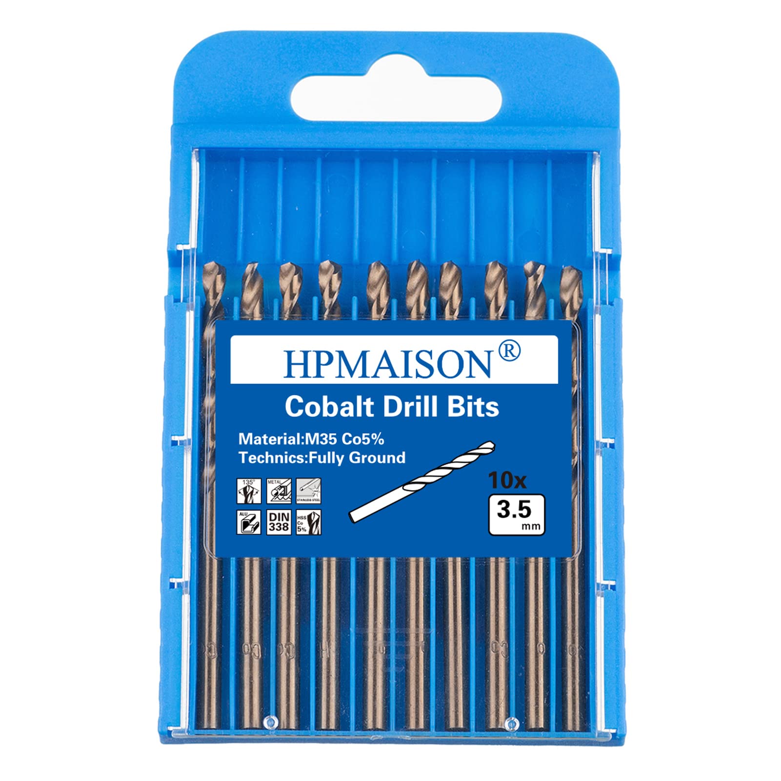 HPMAISON 10 Piezas Juego de M35 HSS Brocas de Cobalto 3.5mm Broca espiral para Acero Inoxidable, Metal, Cobre, aluminio, Plástico, Madera