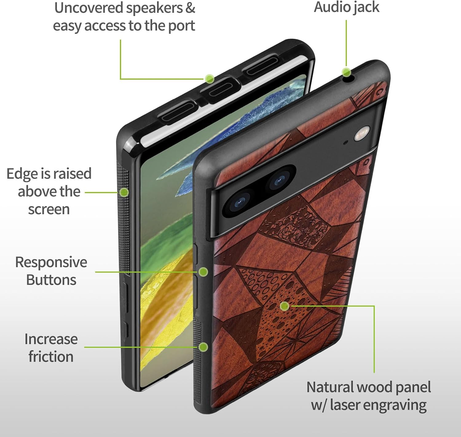 Carveit Wood Case for Pixel 8 Case [Natural Wood & Black Soft TPU] Shockproof Protective Unique Wooden Cover Compatible with Google Pixel 8 (A Play of Patterns and Textures-Rosy)