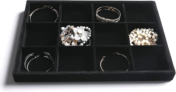 Frebeauty Stackable Velvet Jewellery Organiser Trays for Drawers Inserts Jewellery Storage Tray Display Case Earrings Bracelets Necklace Rings Accessories Trays for Women Girls(Set of 4 Black)