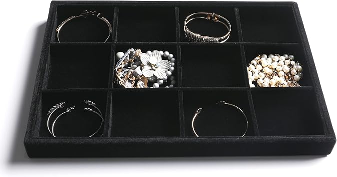 Frebeauty Stackable Velvet Jewellery Organiser Trays for Drawers Inserts Jewellery Storage Tray Display Case Earrings Bracelets Necklace Rings Accessories Trays for Women Girls(Set of 4 Black)