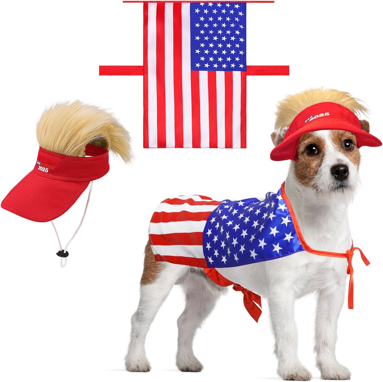 KOOLTAIL 4th of July Dog Outfit Accessories, Independence Day Costume, Adjustable Blonde Wig Dog Hat with Cape- Iconic&Playful Toupee and Red Blue Stars Cloak, Pet Supplies for Dogs Cats Puppy Kitten