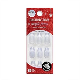 Dashing Diva Magic Press Magnetic Nail Set - North Pole Princess - Long Coffin Press Ons - Long Lasting Gel - Lasts Up to 10 Days - Holiday Gel Set - 4-Piece Manicure Kit with 30 Nails