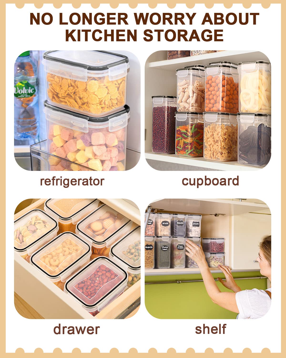 heuchaey Set di 24 Contenitori per Ermetici Alimenti,Contenitori Plastica con Coperchio,Spazzole,Etichette e cucchiai,Barattoli Ermetici per Cereali,Muesli,Pasta (2L 1.4L 0.8L