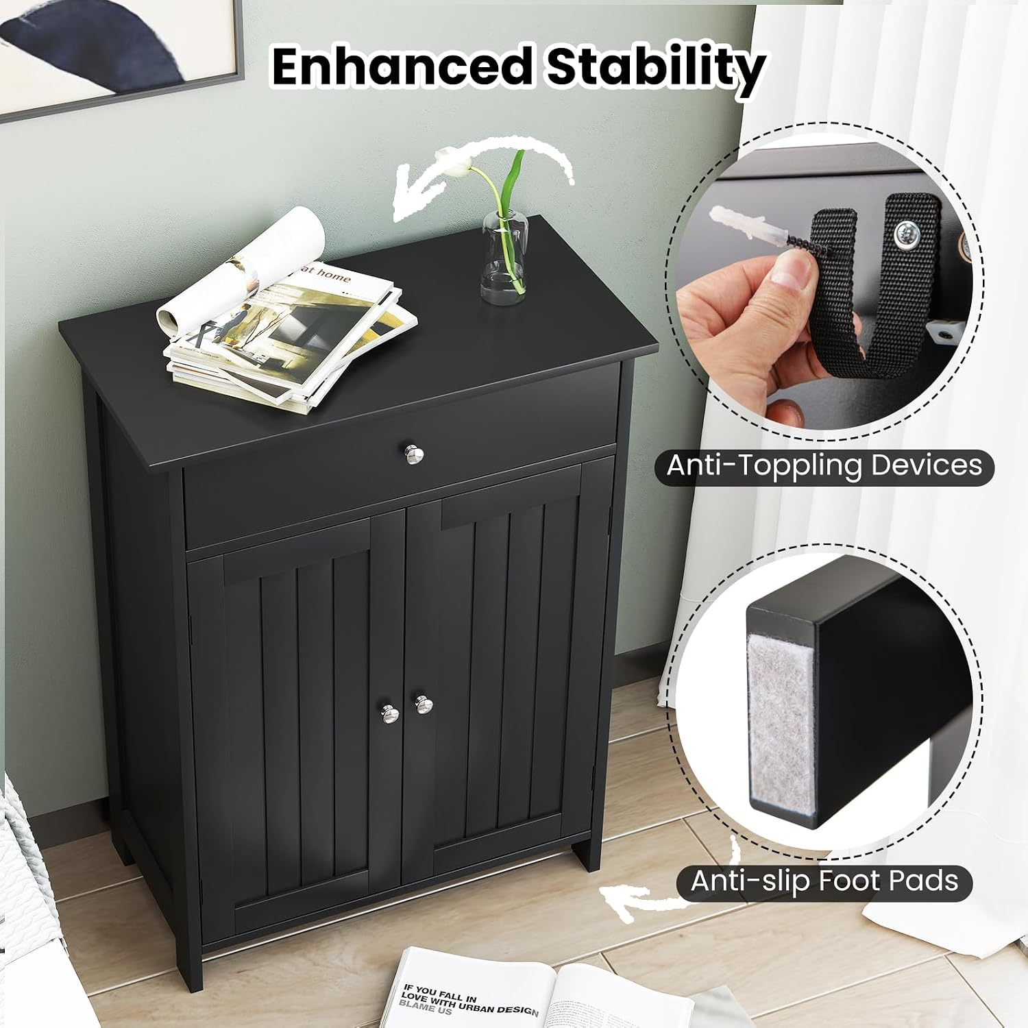 Bathroom Storage Cabinets, Freestanding Cabinet Organizers with Doors, Drawer and Adjustable Shelf, Modern Wooden Towel Floor Cabinet for Home, Entryway, Living Room, Kitchen (Black)