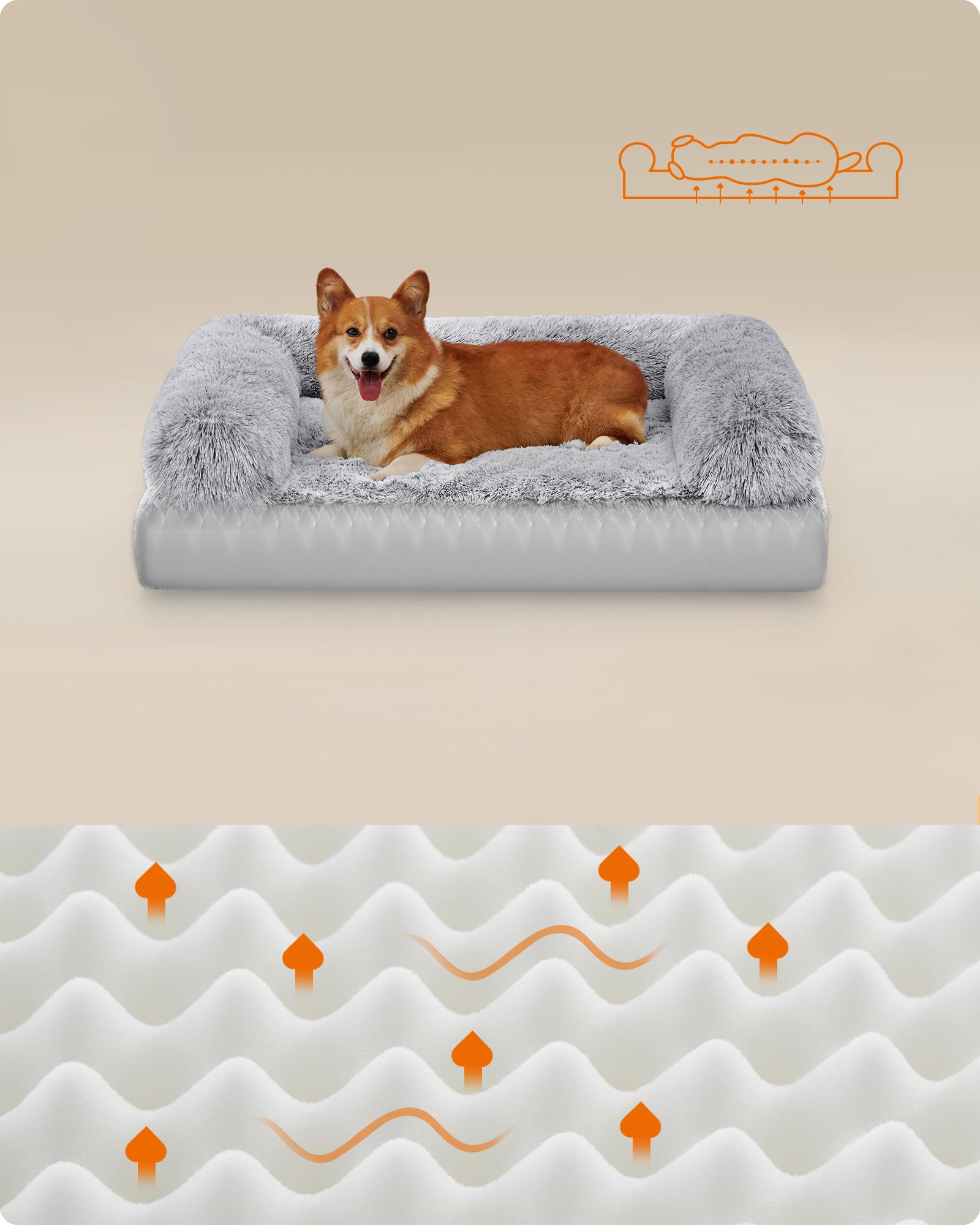 Feandrea FluffyHug Cuccia per Cani, Taglia Grande, Divano Letto per Cani di Taglia Media, di Gommapiuma Ondulata, Copertura Lavabile Sfoderabile, 91 x 68 x 23 cm, Grigio Ombré PGW232G01