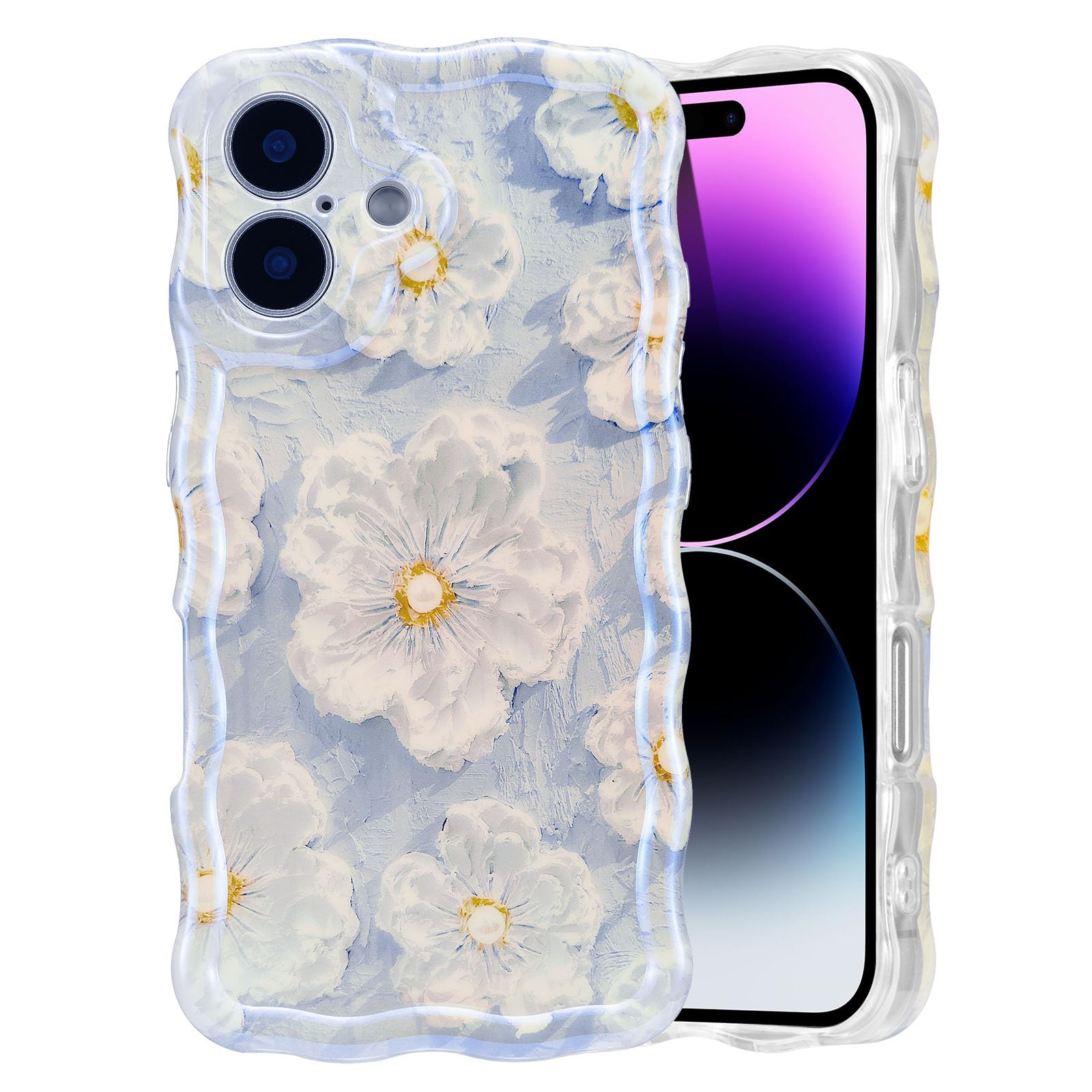 EYZUTAK Case for iPhone 16, Colorful Retro Oil Painting Flower Laser Glossy Pattern Cute Curly Wave Edge Exquisite Phone Cover Stylish Durable TPU