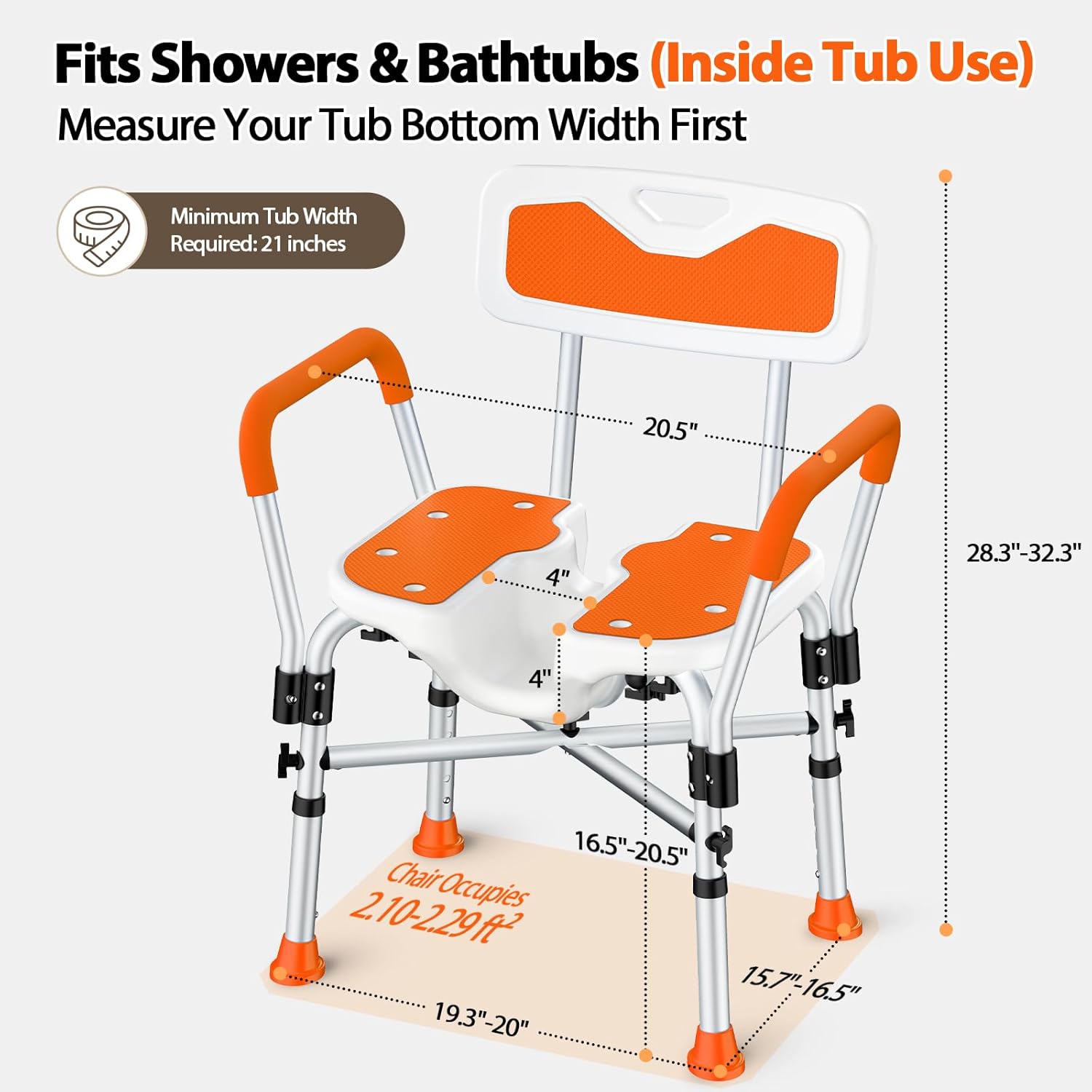 FSA/HSA Heavy Duty Shower Chair for Inside Shower, 500LBS Shower Chair with Arms Back, Padded Bath Seat with U-Shaped Cutout, Anti-Slip Adjustable Bath Stool for Seniors, Handicap, Pregnant, Orange