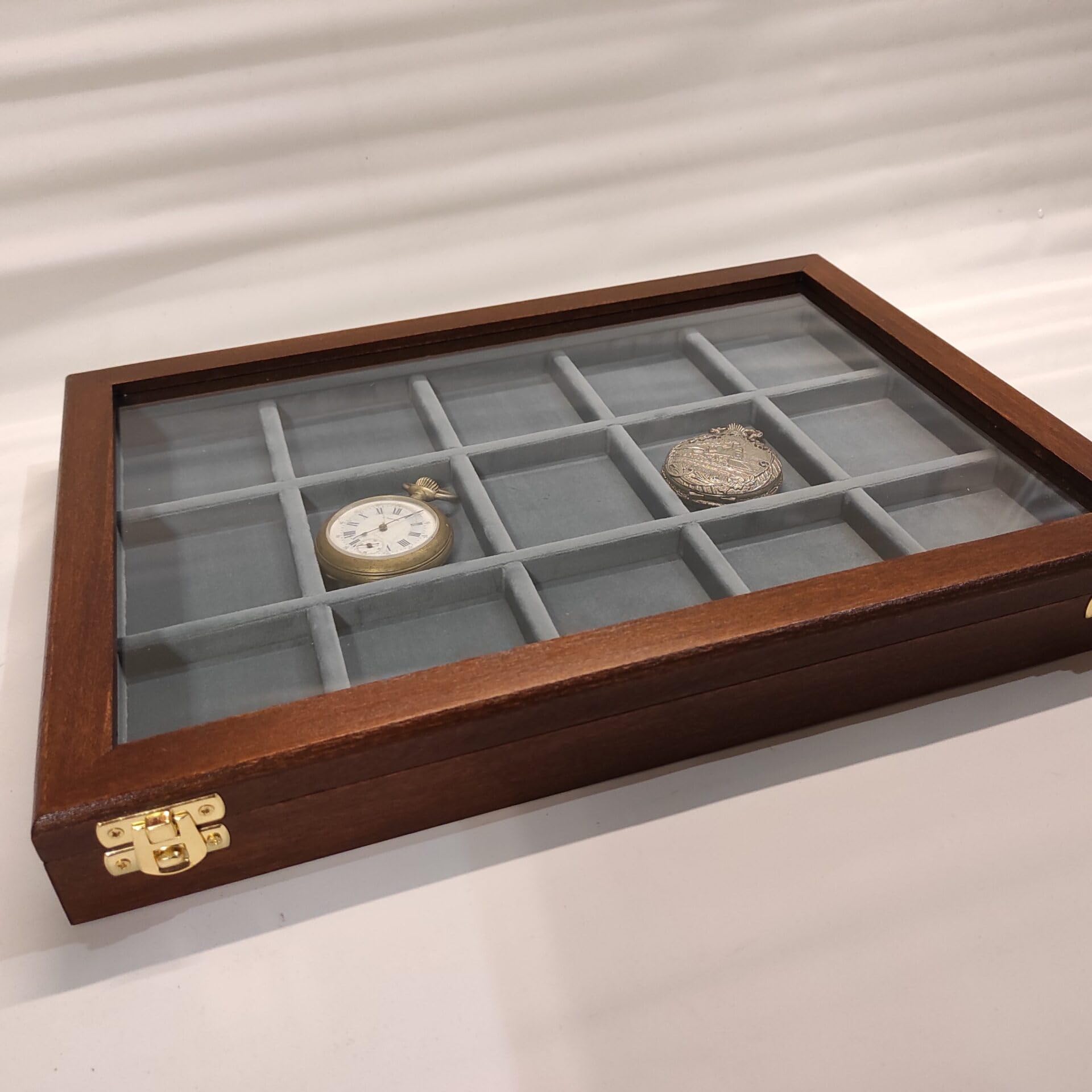 Coins&More Cofanetto per orologi da tasca 15 scomparti in legno e velluto, teca con vetro, contenitore artigianale numismatica collezione