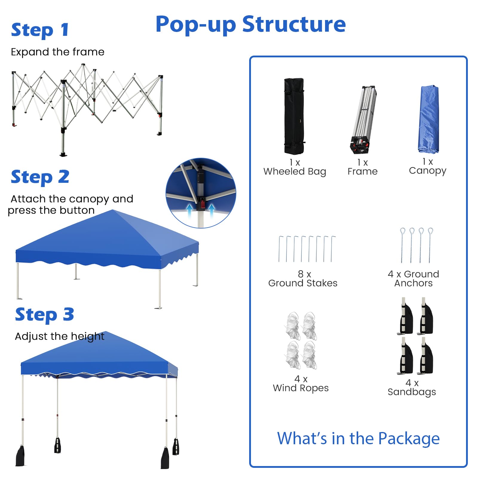 HOMASIS Tonnelle Pliant 3x3 M, Pergola Pop-Up réglable en Hauteur, Gazebo extérieur Durable avec Cordes à Vent et Sacs de Sable, Tente Portable avec Sac de Transport (Bleu)