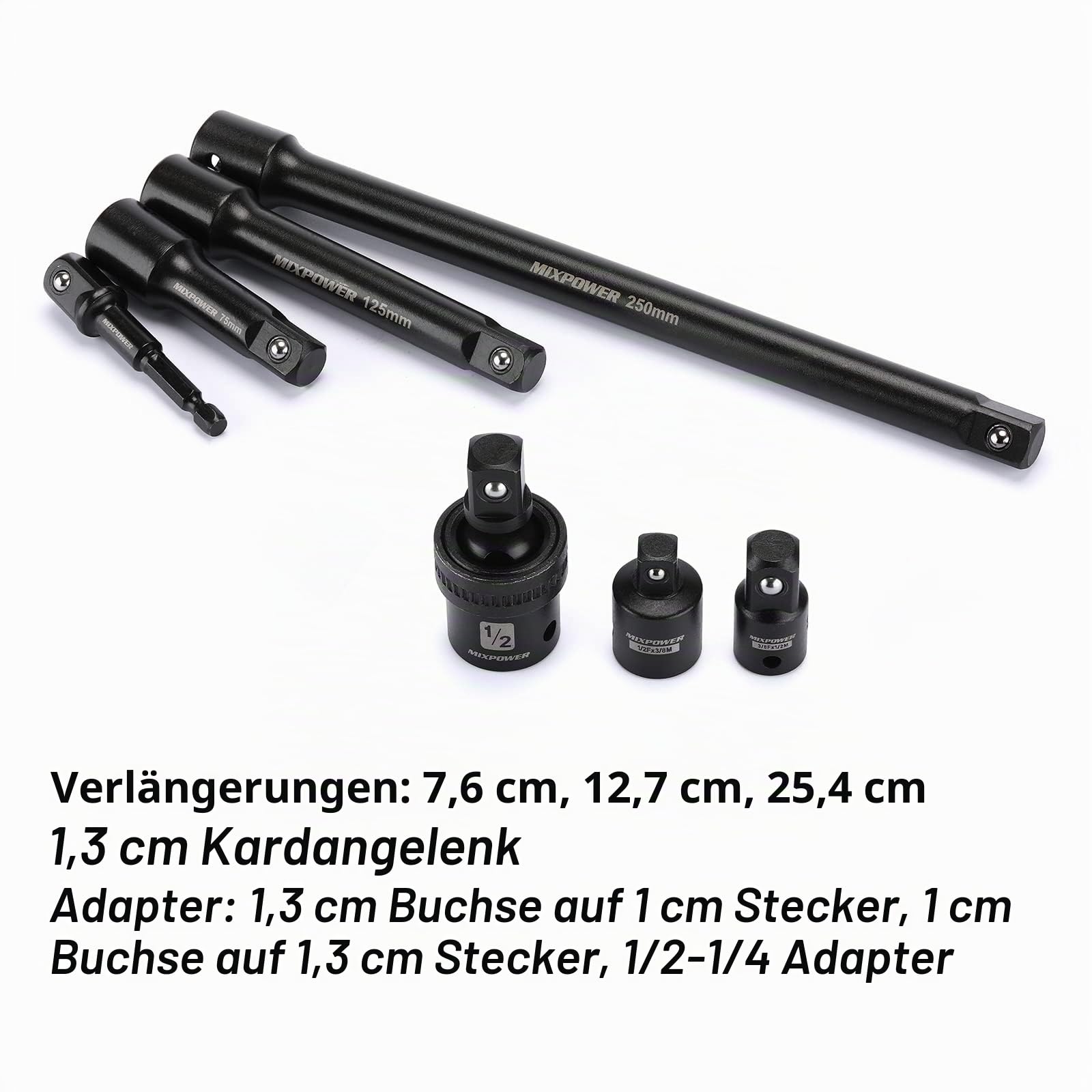MIXPOWER 49-teiliges Steckschlüssel-Set für Schlagschrauber, 1/2 Zoll, tief/flach, 8 mm–32 mm, CR-V, metrisch, inklusive Verlängerungsstangen, Adapter, Universal-Schlaggelenk