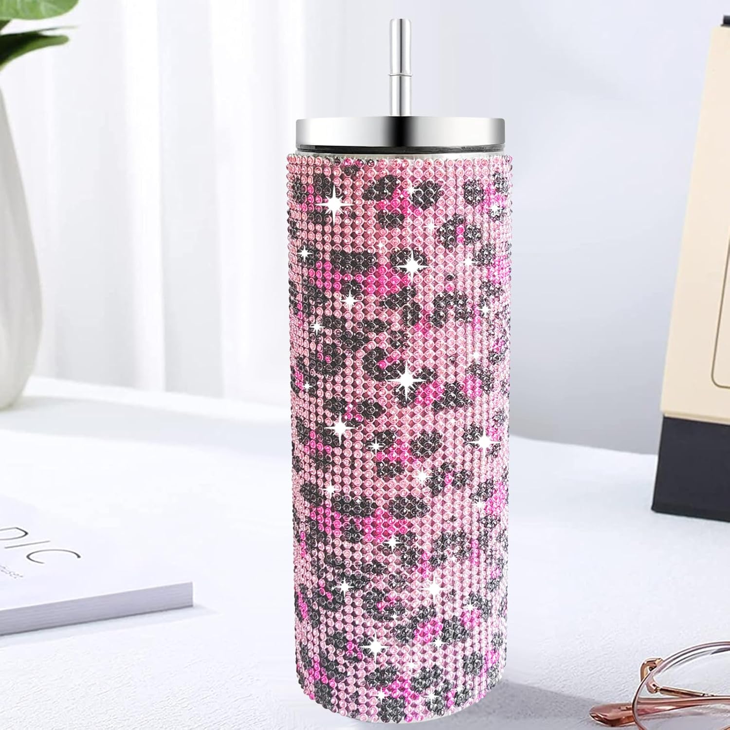 INSTOME Sparkling Rhinestone Tumbler 20oz - Bling Stainless Steel Cup with Diamonds, Perfect Glitter Gift for Women, Girls, Bridesmaids (leopard pink, 20oz) - Image 6