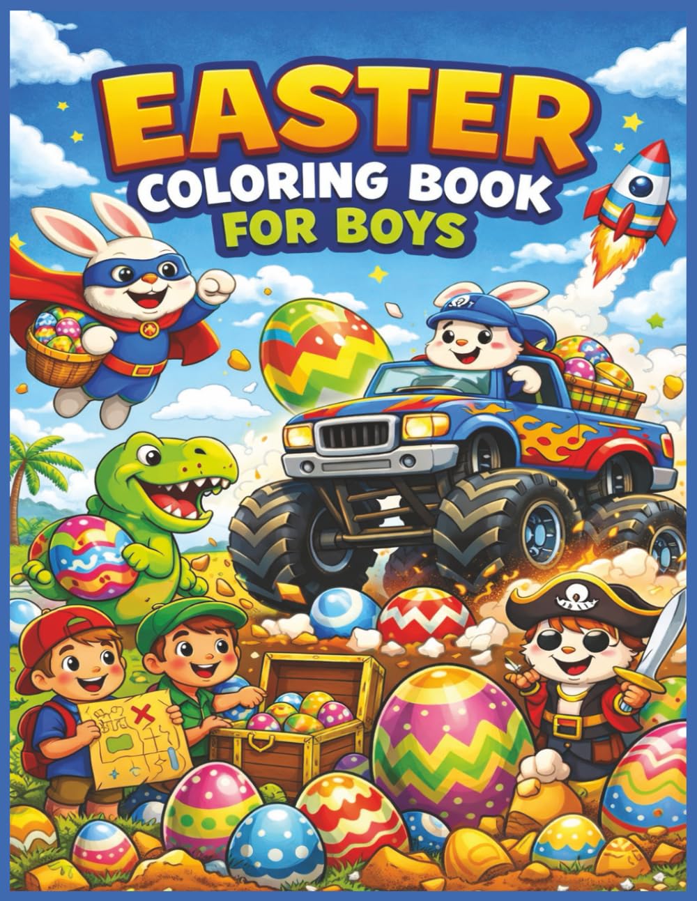Easter Coloring Book For Boys: Fun Easter Eggs, Bunnies, Monster Trucks, Dinosaurs, Rockets, and Adventure Scenes for Boys Ages 4–8