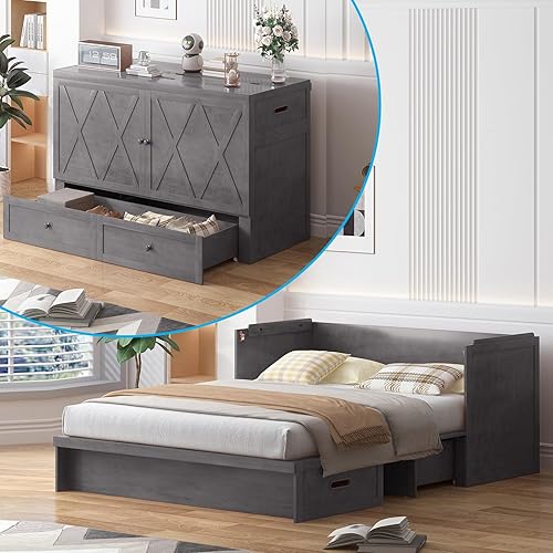 CECER Queen Size Murphy Bed with Tri-Folding Mattress，Murphy Bed with Charging Station and Two Large Storage Drawers for Small Spaces/Bedroom（Grey）-Mattress Include