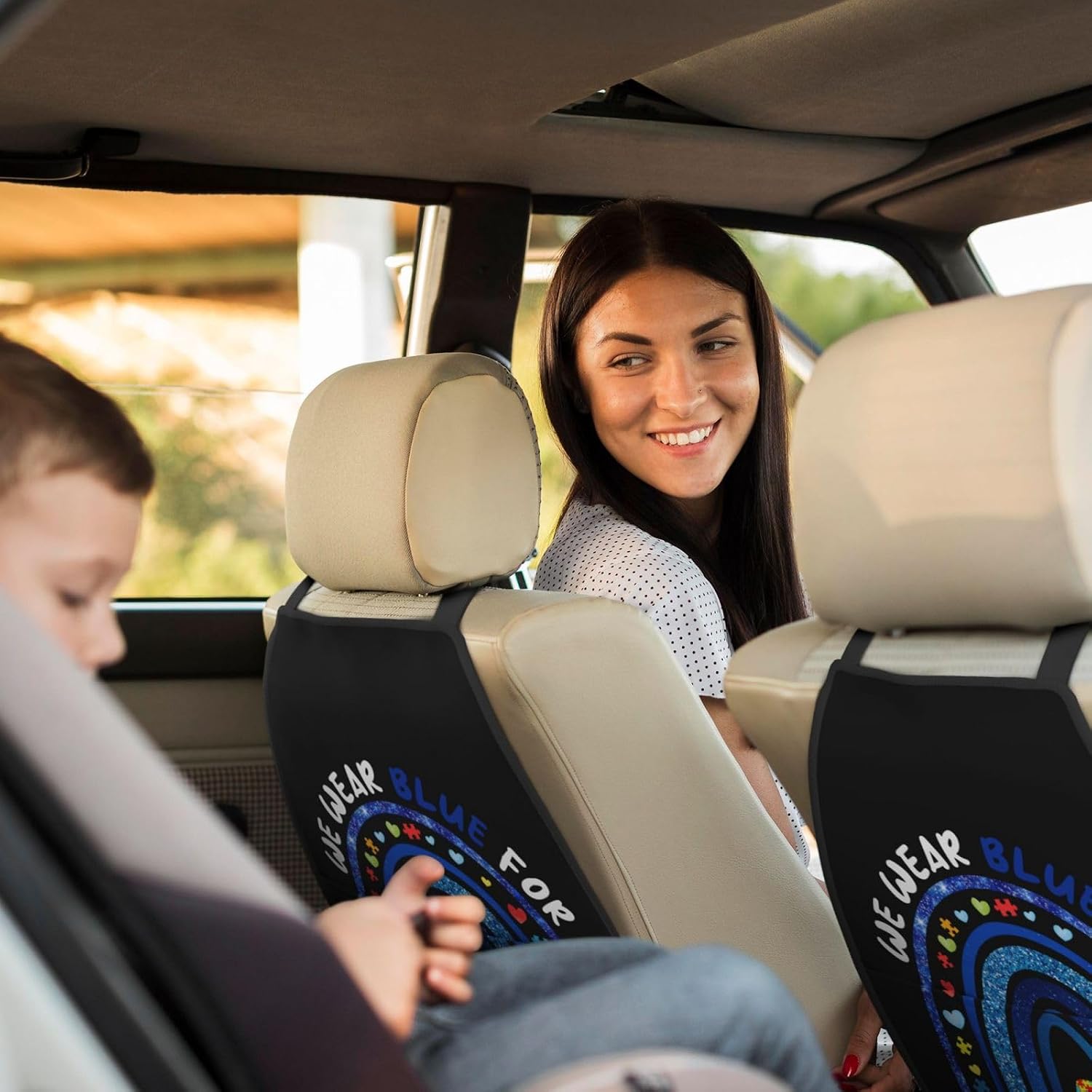 We Wear Blue For Autism Awareness Car Back Seat Organizer 2 Pack Anti-Kick Storage Kick Mats For Car Seats 27x19 Inch Automotive Car Seat Back Protector For Kids Feet Car Seat With 3 Pockets