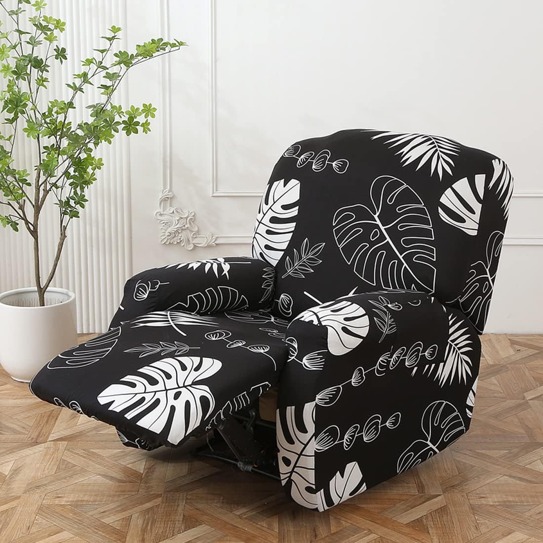Stretch Recliner Chair Covers, 4-Piece Recliner Slipcovers Print Lazyboy Recliner Cover Soft Spandex Furniture Protector with Pocket (Monstera, Recliner Chair)