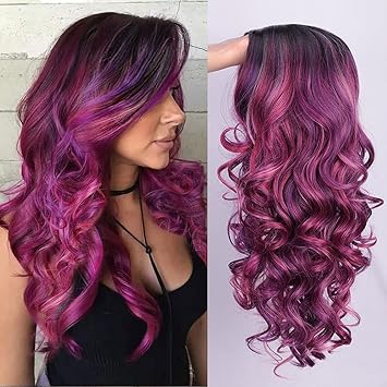 Lativ Long Colorful Wavy Wig for Women Side Part Synthetic Purple Pink Ombre wigs for Cosplay Party Use 22 Inch (Purple Pink Gradient)