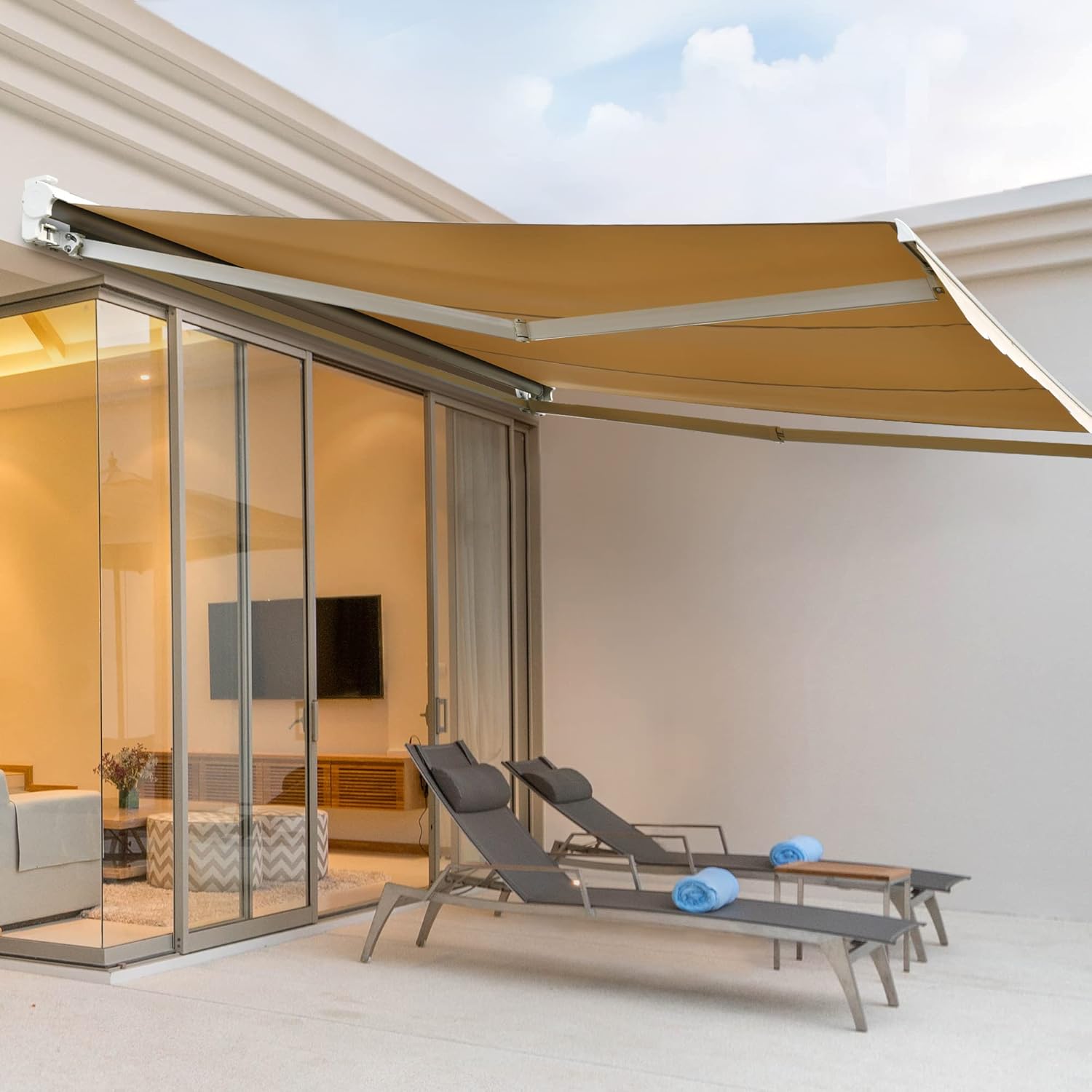 Diensweek 12'x10' Patio Awning Retractable, Fully Assembled Motorized Electric Commercial Grade - Quality 100% Dope-Dyed Acrylic Window Door Sunshade Shelter - Deck Canopy Balcony (12'x10', Beige)