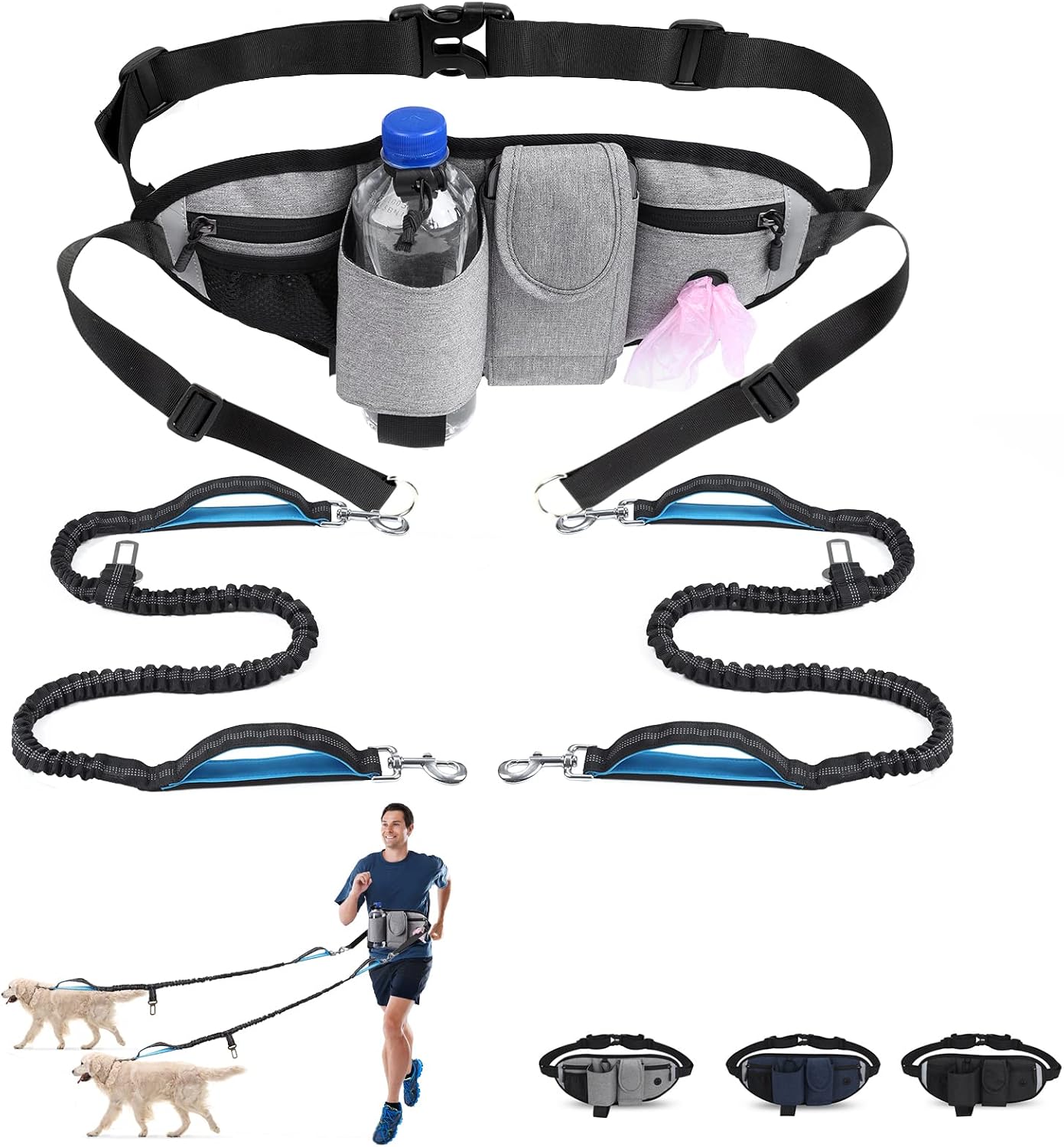 Hands Free Dog Leash with Waist Bag for Walking Small Medium Large Dogs, Reflective Bungee Leash with Car Seatbelt Buckle and Dual…