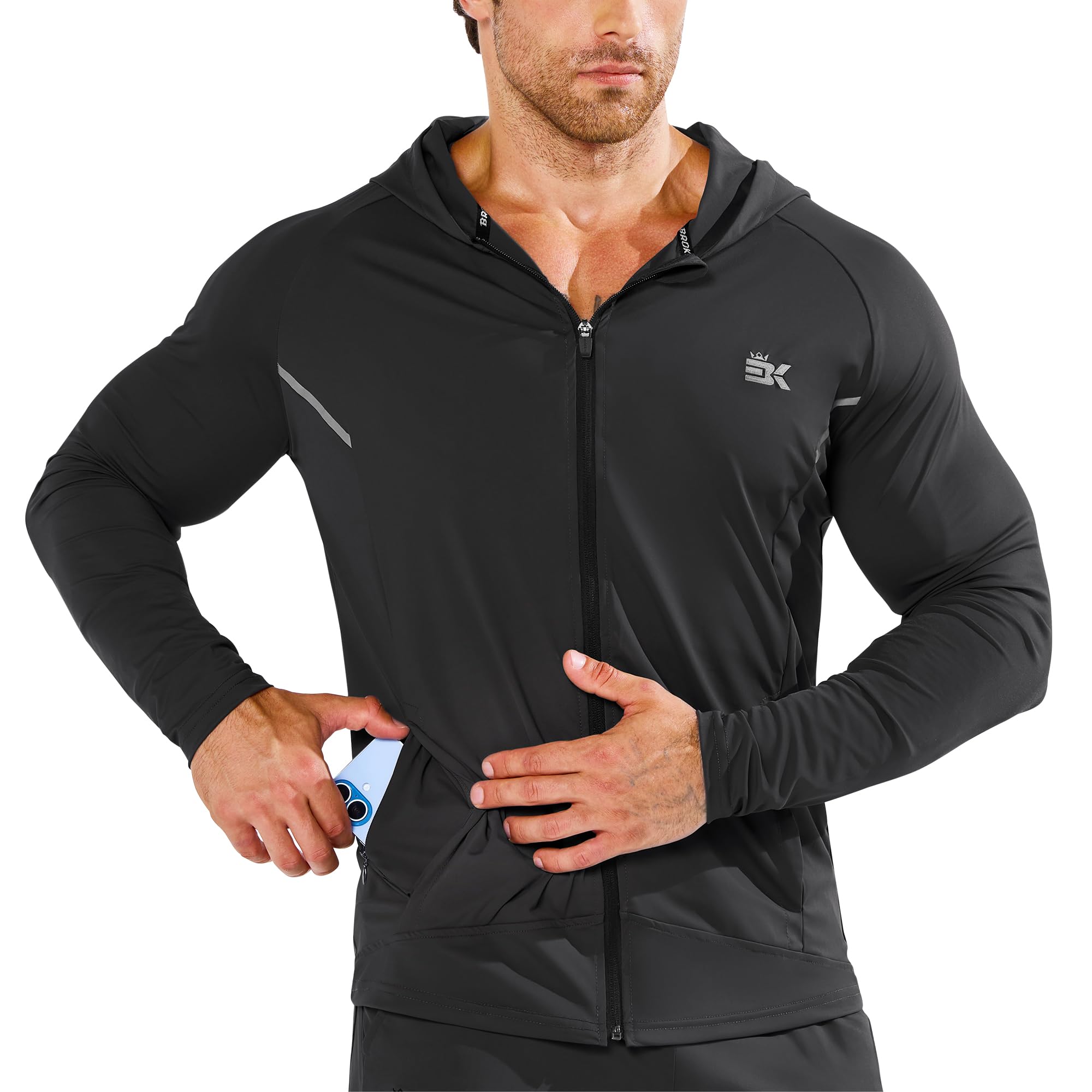 BROKIG Mens Zip Up Running Hoodie Upf 50+ Windbreak Jacket | Lightweight,Zip Pocket,Stretch,Comfortable,Durable,Cycling,Hiking,Golf,Jogging,Workout,Running Windbreaker,Track Jacket