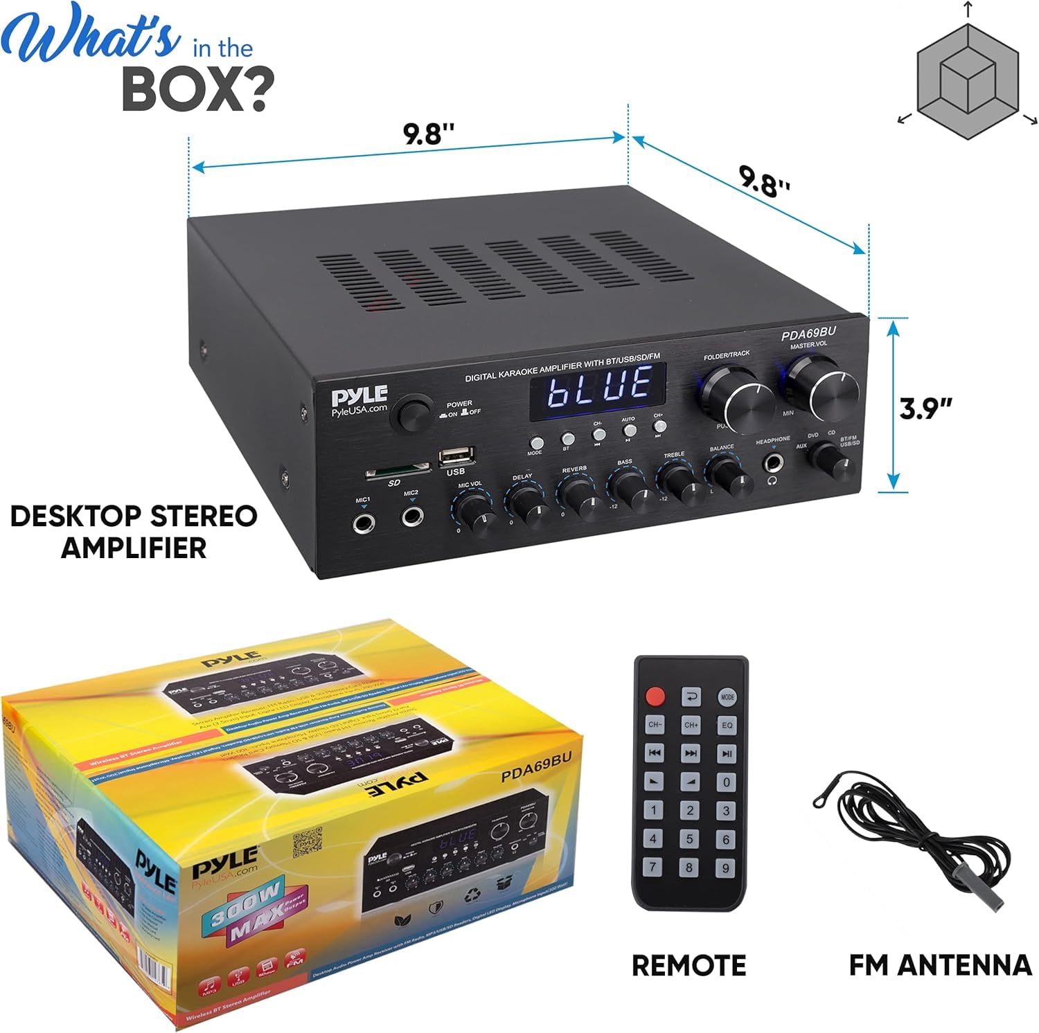 Pyle Amplificatore Audio Stereo Bluetooth 300 Watt Doppio Canale MP3 USB SD AUX RCA MIC Cuffie FM LED per Home Theater Studio