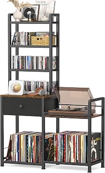 ikkle CD Rack with Drawer, 7-Tier DVD Organizer Shelf with Vinyl Storage