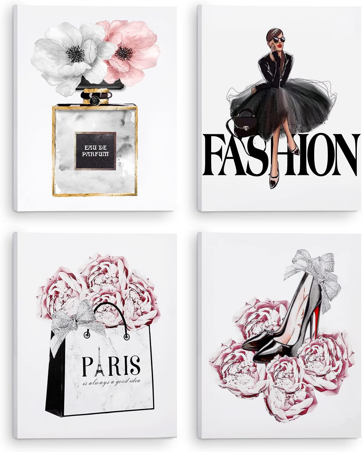 CoziTech Fashion Women Canvas Wall Art Framed, Modern Artwork for Girls Bedroom Wall Décor Pink Flowers Perfume Art Print Handbag High Heel Wall Picture, Gift for woman, Gift for Girls. Set of 4.