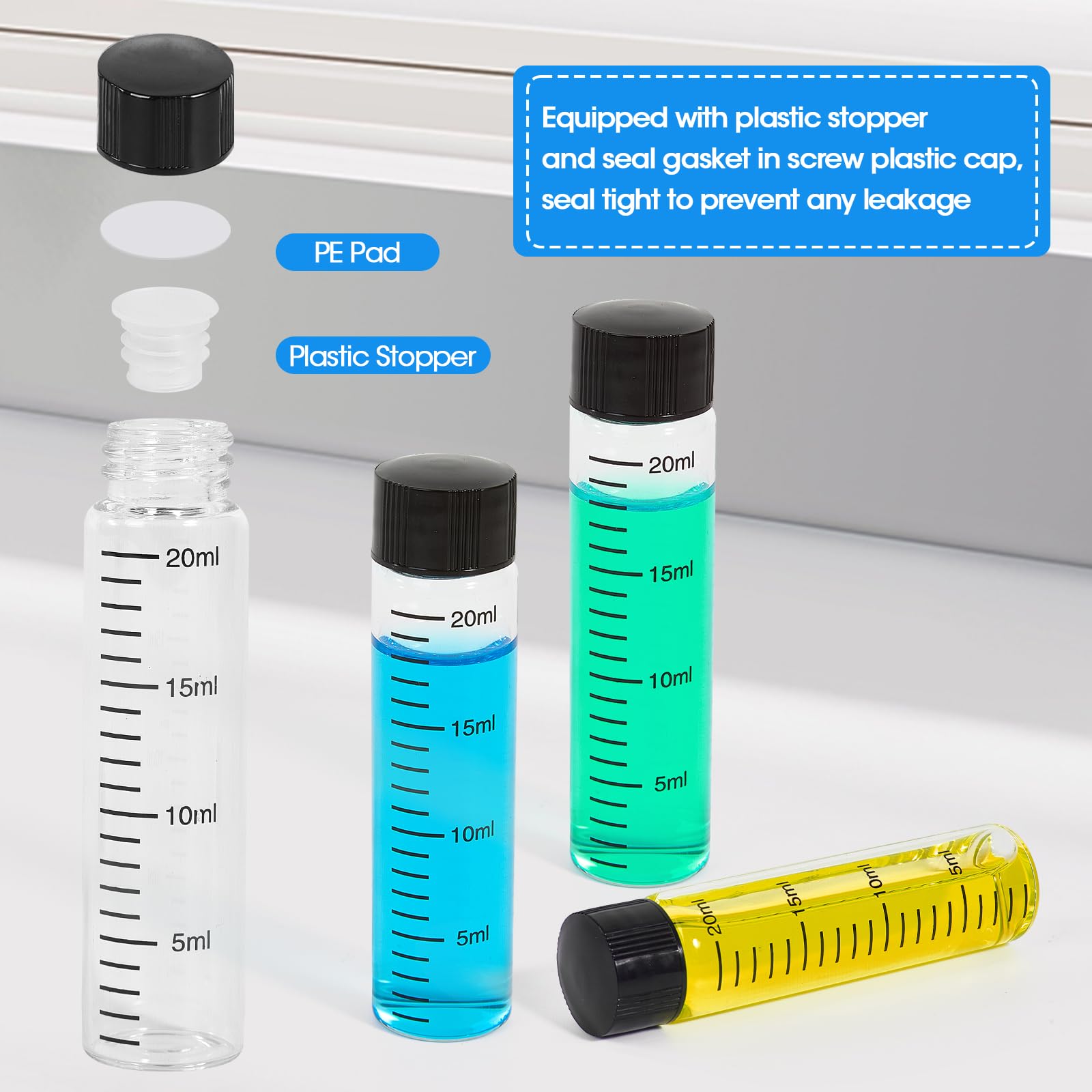 Fiale graduate in vetro trasparente da 20 ml con tappi a vite e tappi in plastica, piccole fiale per campioni con coperchi, fiale vuote a prova di perdite, 50 pezzi