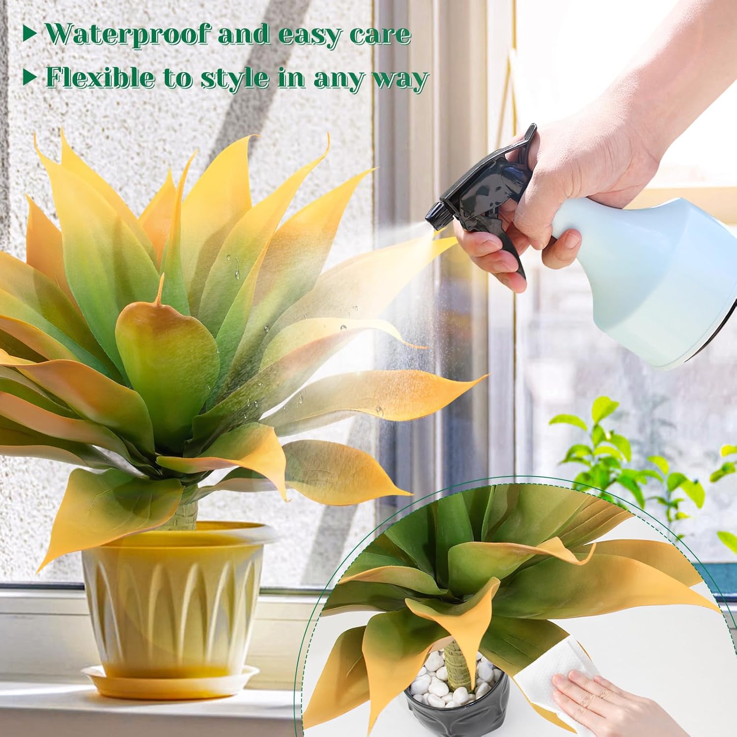 2Pack Fake Agave Plants 18 Inch Large Artificial Succulents Realistic UV Resistant Faux Aesthetic Plants for Outdoors Tropical Plant Greenery for Home Garden Front Porch Decor - 21Leaves, Yellow - Image 3