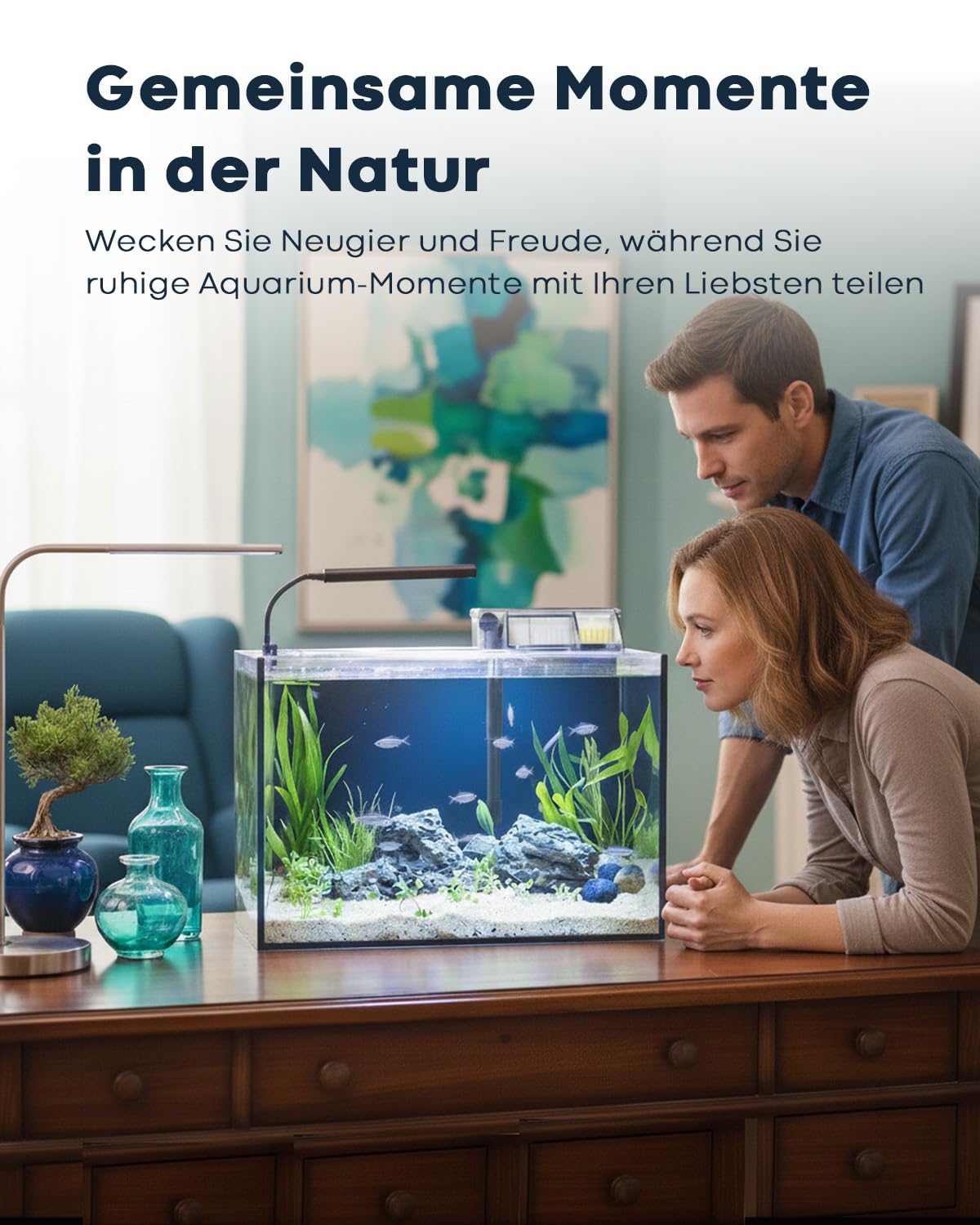 Set da scrivania per acquario, 40 l, in vetro ultra trasparente con filtro autopulente, luce chiara, riscaldamento, pietre, ghiaia, strumento di pulizia, vetro senza bordi per principianti