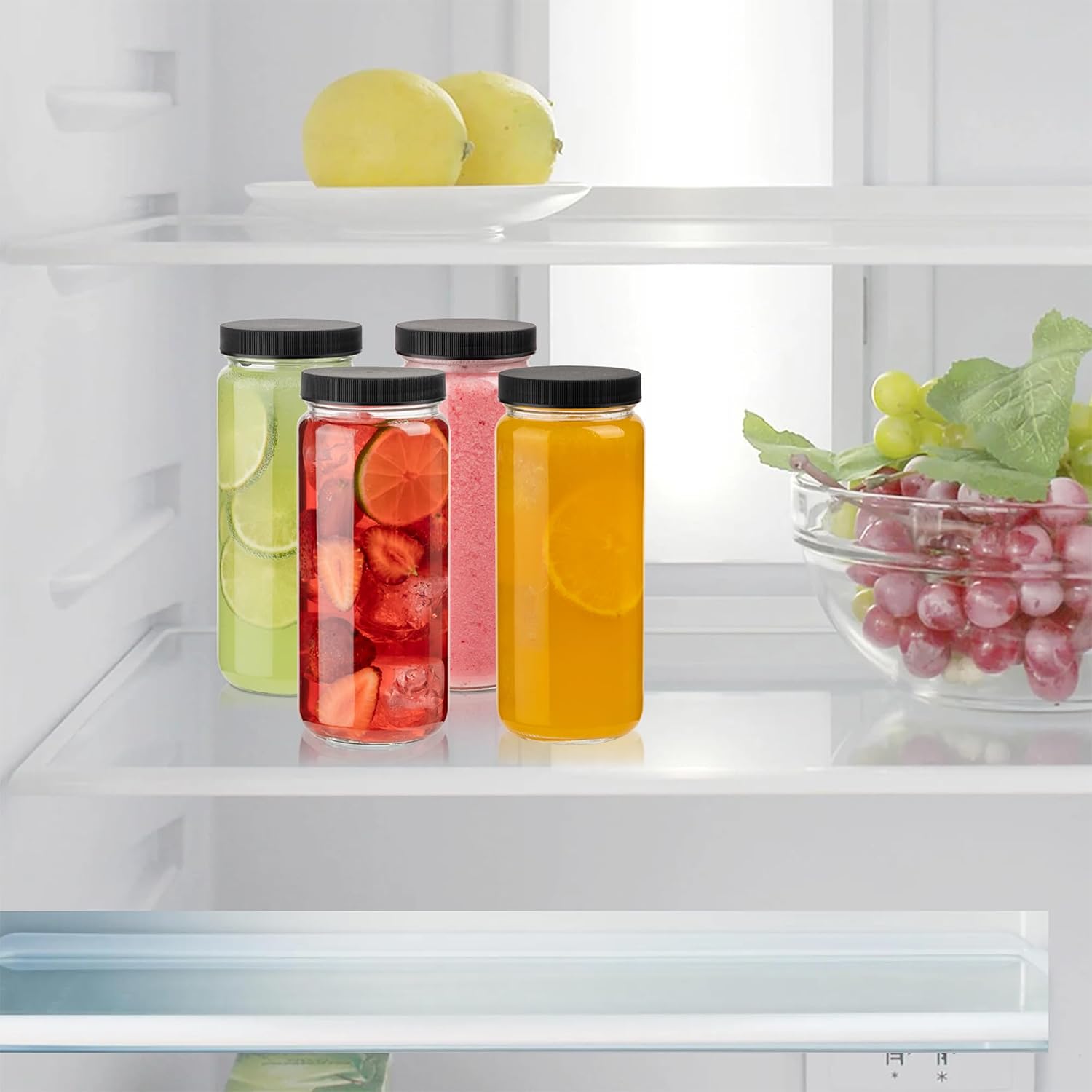 Glass Juice Bottles with Lids and Straws, 16 Oz - Set of 4 Reusable Clear Cups - For Drinking Smoothie, Iced Coffee, Juicing, Matcha, Water, Kombucha and More
