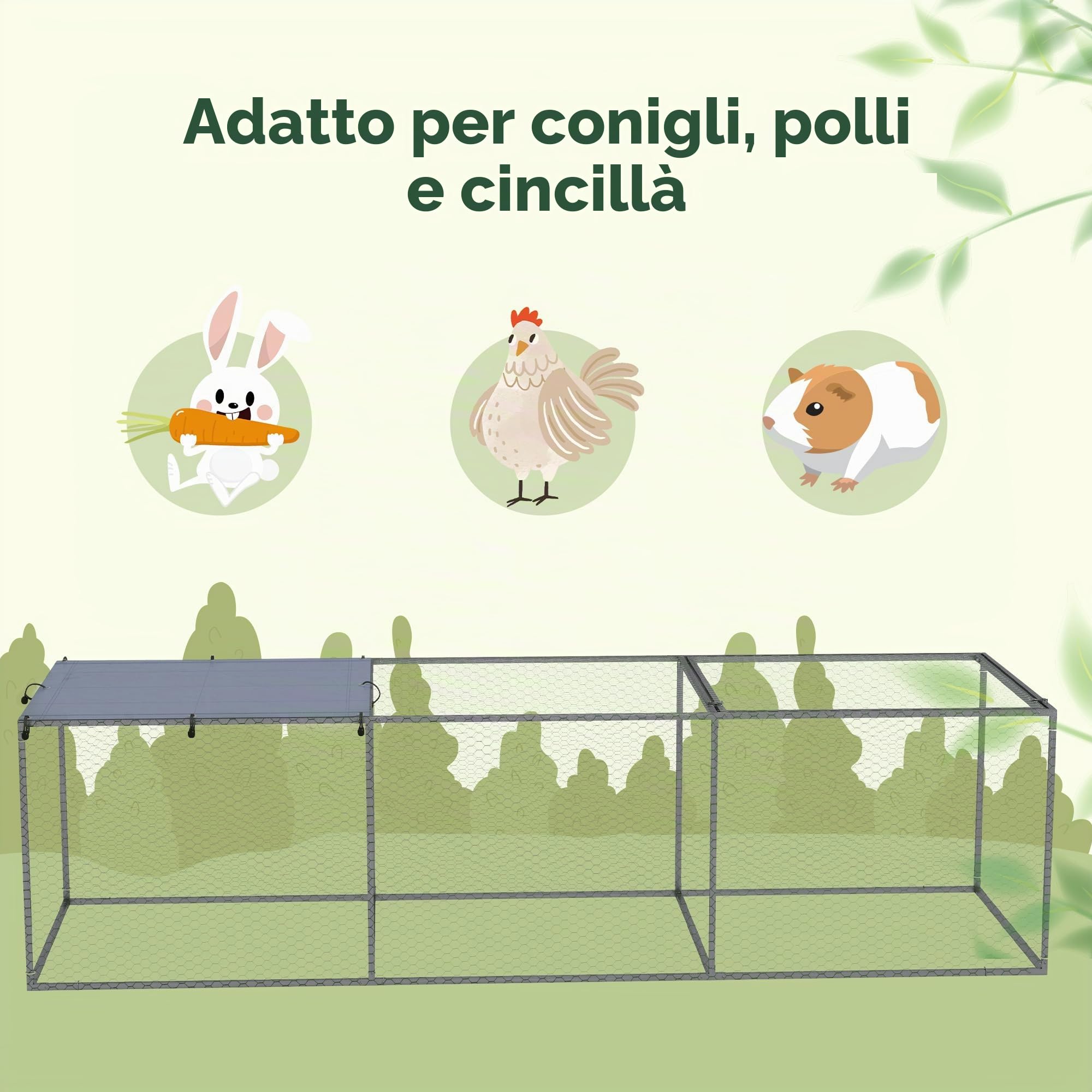 PawHut Recinto conigliera all'aperto 3 m² per piccoli animali dim. 3 x 1 x 0,8 m acciaio zincato, 1 porta superiore, spazio coperto da telone