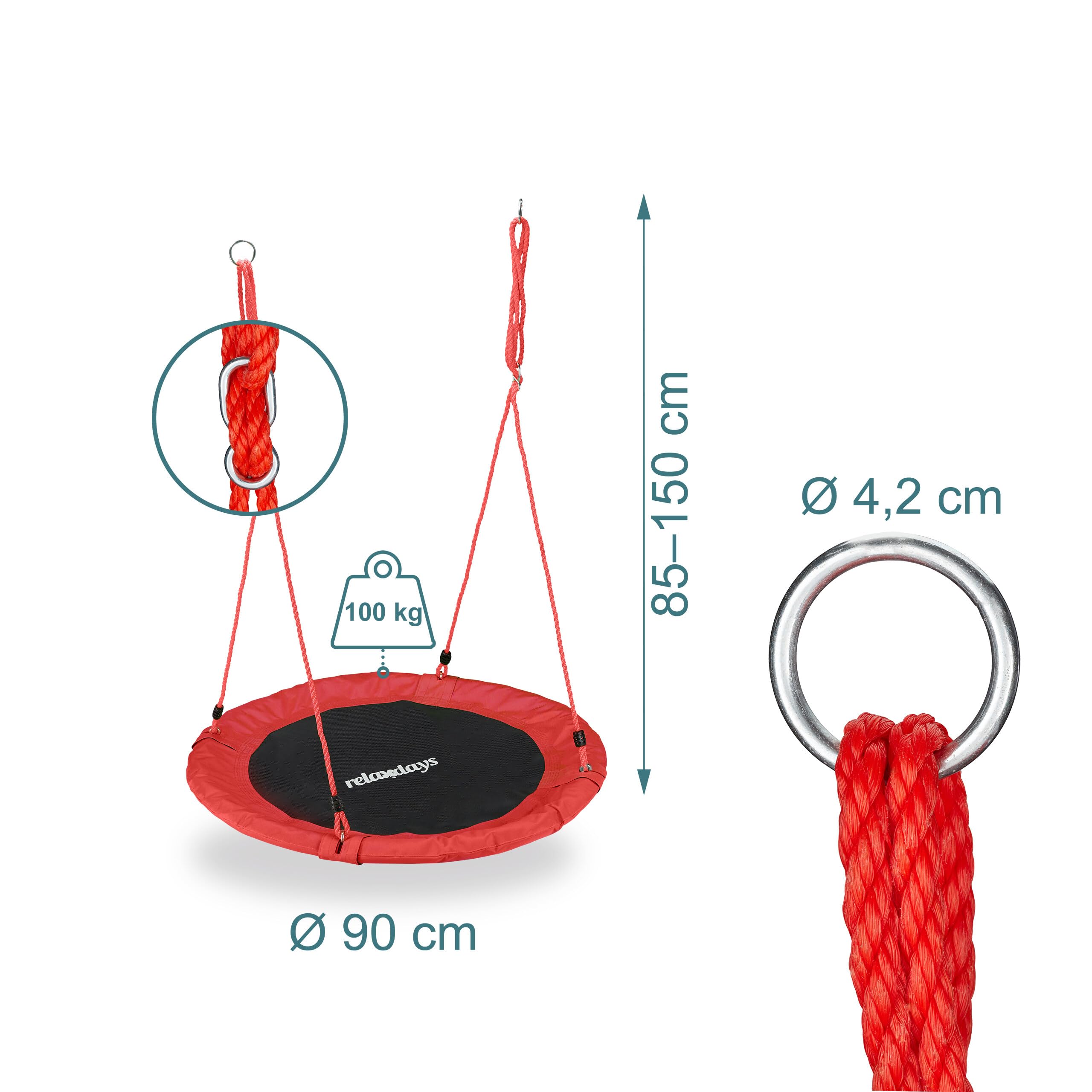Relaxdays Unisex – huśtawka ogrodowa dla dorosłych, czerwona, okrągła, dla dzieci i dorosłych, regulowana, Ø 90 cm, do 100 kg, wys. x śr.: ok. 5 x 90 cm