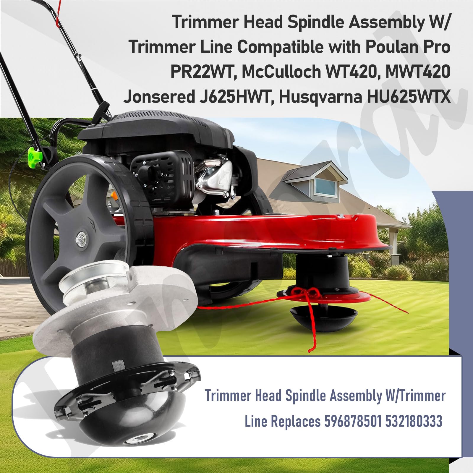 Fennoral 596878501 - Conjunto de husillo de cabezal de recortadora con línea de recortadora compatible con Husqvarna Poulan 180333 172342 532180333 HU 625 WT PR22WT, WT420, J625HWT